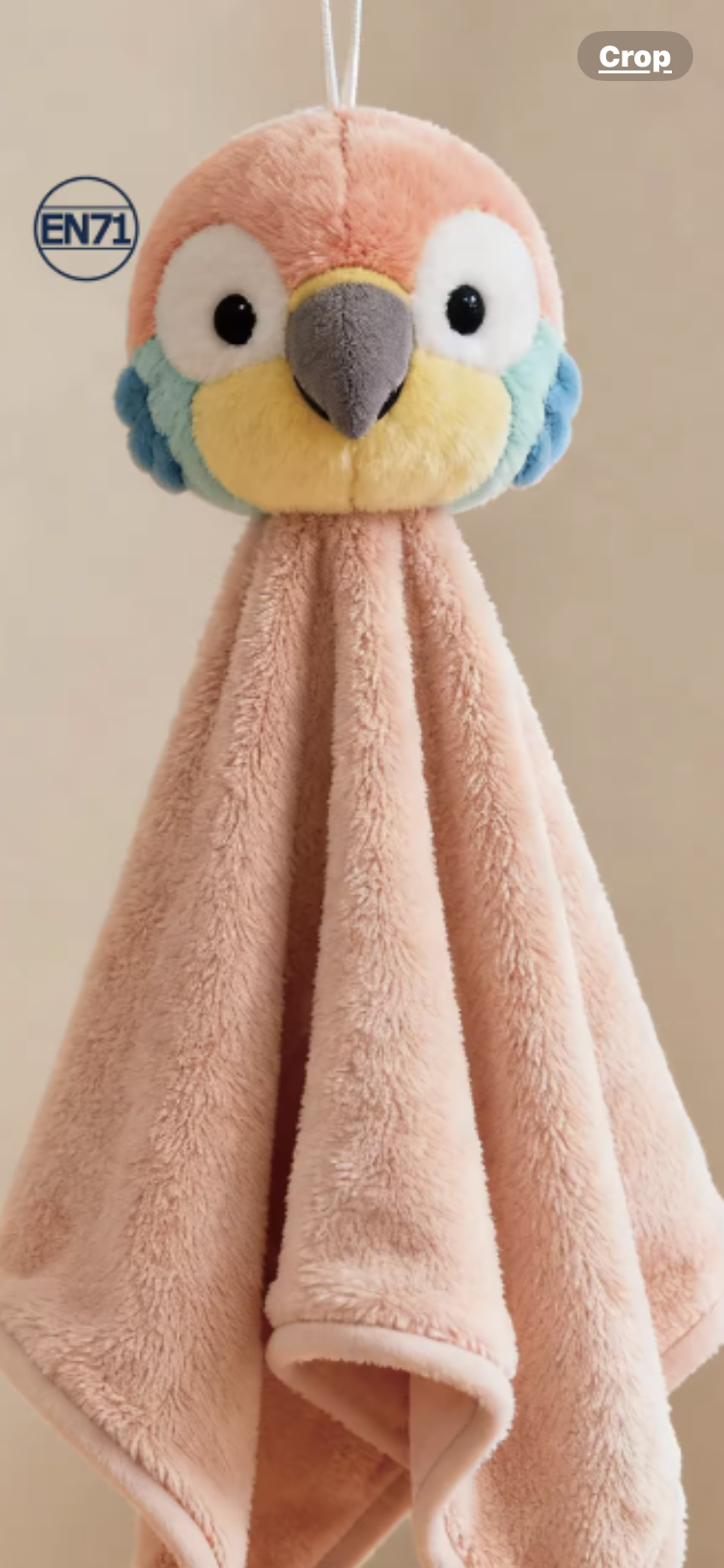 Full view of gray bunny lovie with seafoam blanket body