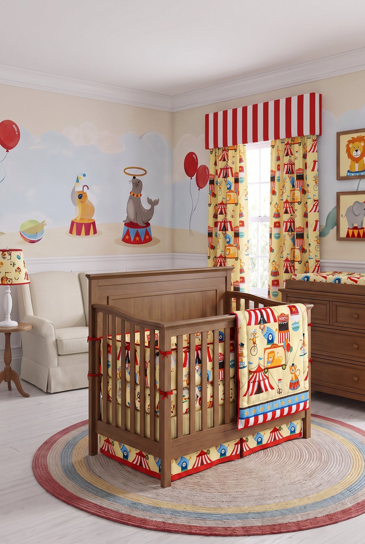 Circus-themed custom crib bedding set with red and white stripes, circus animals, and big top tent print in a cozy nursery