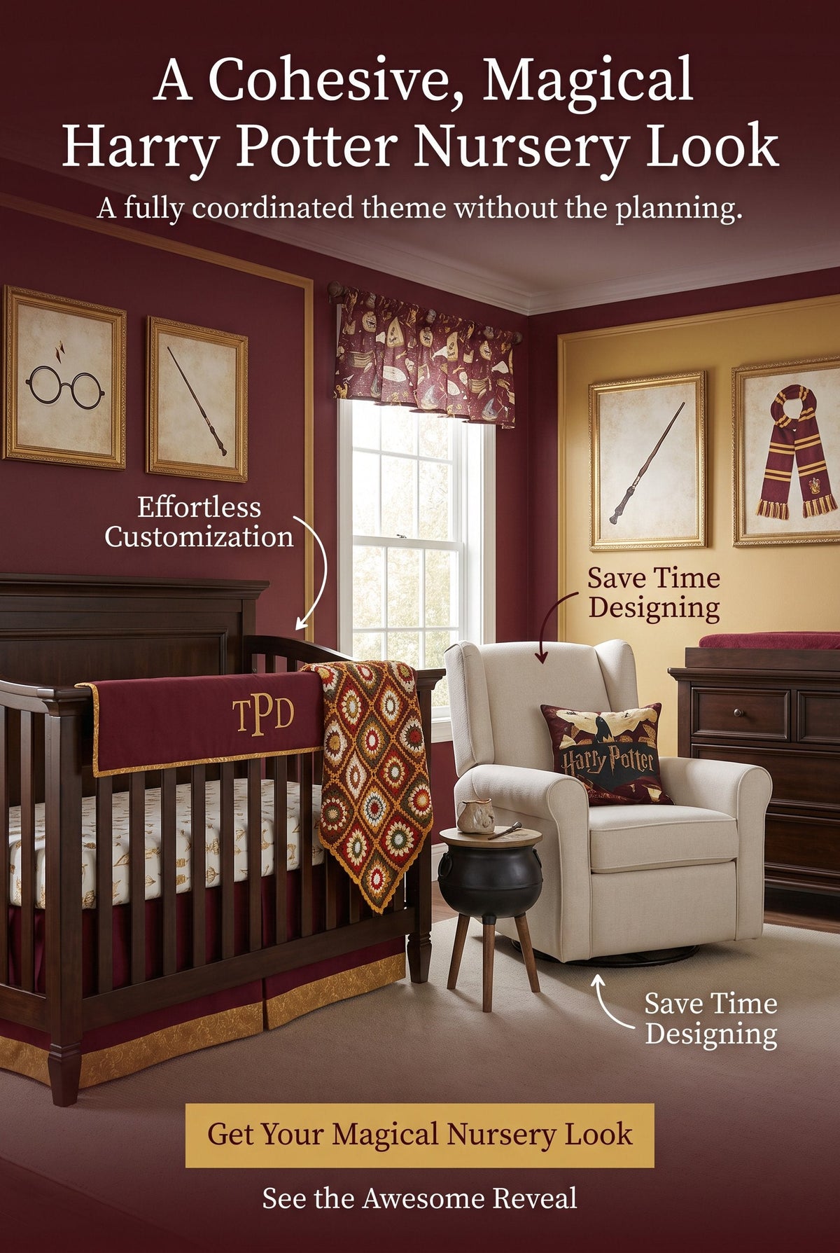 Burgundy and gold wizard-inspired nursery scene with crib rail cover