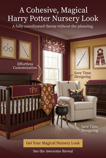 Burgundy and gold wizard-inspired nursery scene with crib rail cover