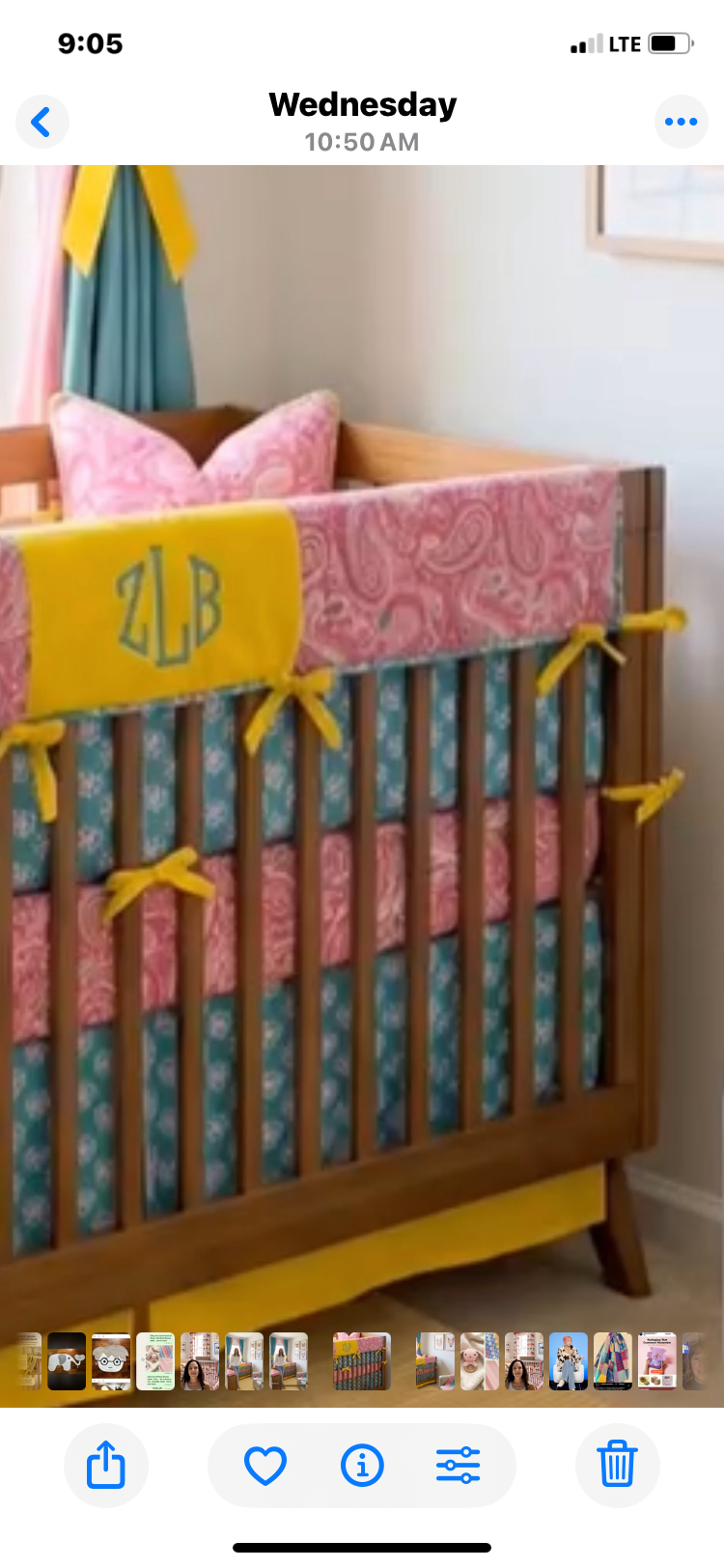 Zoey Louise custom 4 piece crib bedding set with pink paisley, teal, and yellow fabrics with monogram bumper