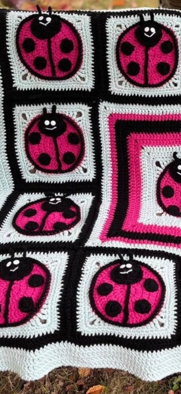 Crochet Ladybug Baby Blanket, Approx. 30 x 30 in