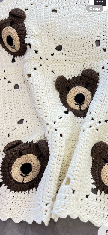 Cream Crochet Teddy Bear Face Baby Blanket
