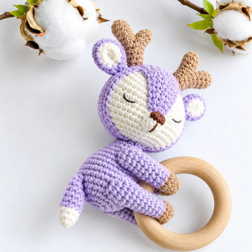 Lavender Crochet Deer Rattle with Wooden Teething Ring | Handmade Baby Toy | Lively Distinct Designs Lively Distinct Designs Inc