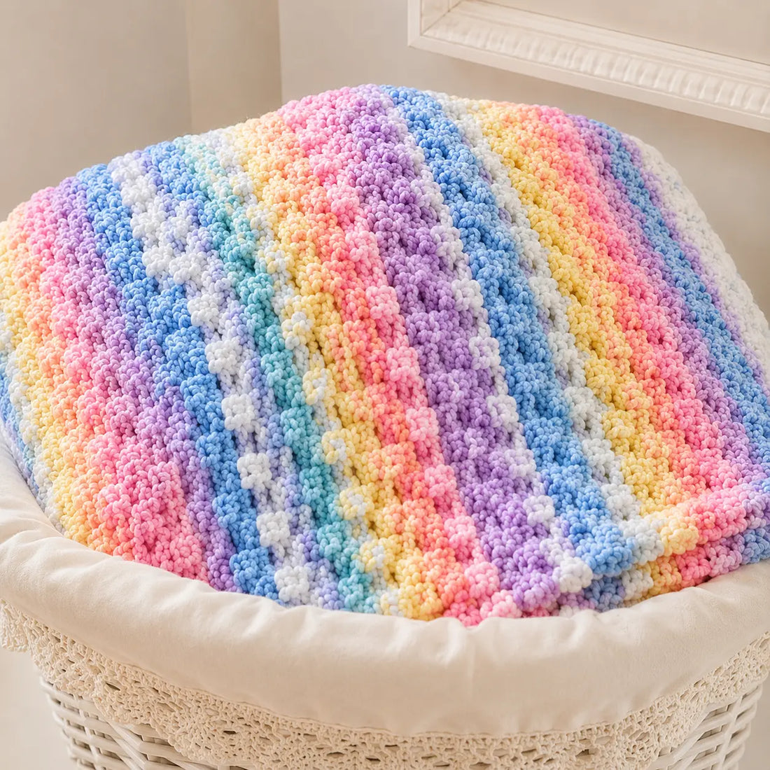 Pastel Rainbow Stripe Crochet Baby Blanket. Lively Distinct Designs Inc