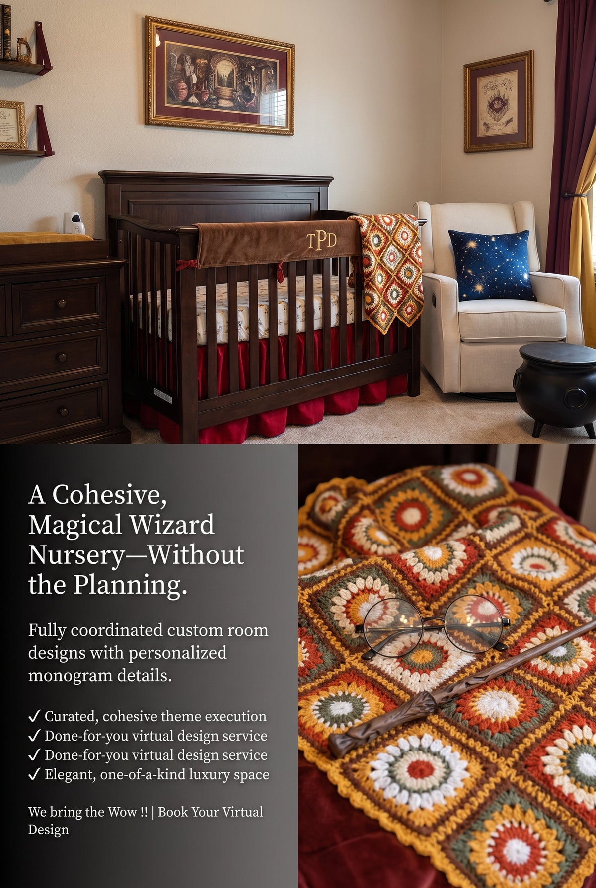 Spellbound Wizard Nursery Set 3 pc Custom Crib set / including an heirloom crochet blanket